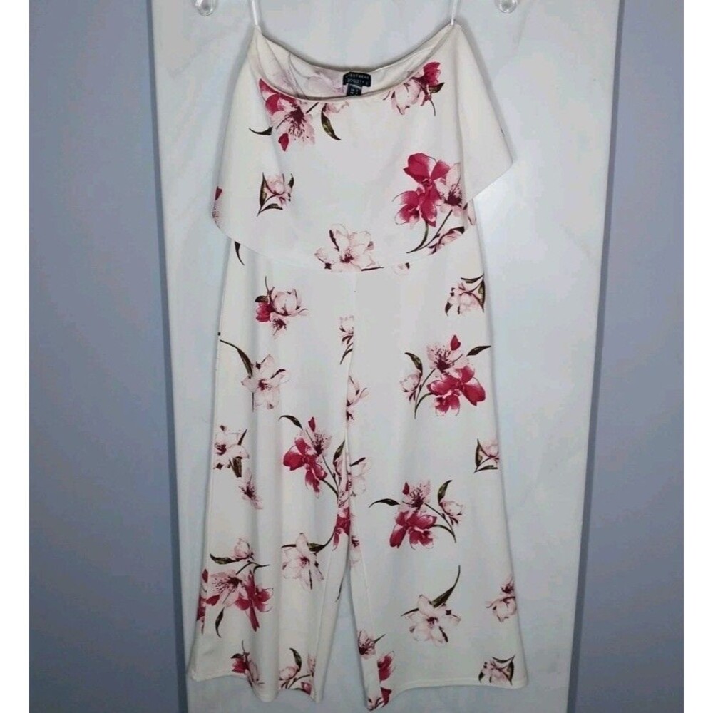 Strapless Floral Jumpsuit Women Small Ivory Boho Wide Leg Romper